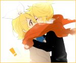  1boy 1girl bad_id blonde_hair brother_and_sister closed_eyes eyes_closed kagamine_len kagamine_rin kiss scarf shared_scarf shichi short_hair siblings simple_background twins vocaloid white_background 