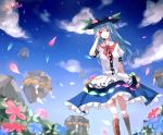  bad_id blue_hair bow cloud clouds flower food fruit hat highres hinanawi_tenshi keystone long_hair open_mouth peach red_(girllove) red_eyes rock rope short_sleeves sky solo star touhou very_long_hair 