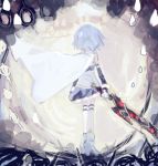  backcutter blue_hair cape detached_sleeves drawr from_behind gloves magical_girl mahou_shoujo_madoka_magica miki_sayaka pleated_skirt short_hair skirt solo sword thighhighs weapon white_gloves white_legwear witch&#039;s_labyrinth witch's_labyrinth 
