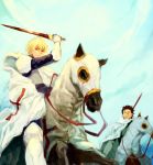  ahoge armor black_hair blonde_hair cape ea_(fate/stay_night) fate/zero fate_(series) gae_dearg gilgamesh horse knight knights_templar lancer_(fate/zero) lossehelin male mole multiple_boys polearm red_eyes spear sword weapon yellow_eyes 