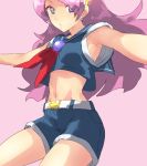  armpits asamiya_athena crop_top earrings hairband jewelry king_of_fighters king_of_fighters_xiii long_hair midriff naso4 navel purple_eyes purple_hair sailor_collar shorts simple_background snk solo violet_eyes 