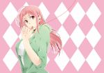  akizuki_(edss) argyle argyle_background breasts kuroko_no_basuke momoi_satsuki pink_hair red_eyes red_string sleeves_pushed_up solo string 