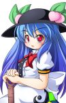  blue_hair blush bow food fruit hat hinanawi_tenshi leaf long_hair looking_at_viewer open_mouth peach red_eyes shinjitsu short_sleeves simple_background solo touhou very_long_hair 