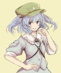  blue_eyes blue_hair blush_stickers grin hair_bobbles hair_ornament hand_on_hip hat hips inazakura00 kawashiro_nitori key shirt skirt skirt_set sleeves_folded_up sleeves_rolled_up smile solo touhou twintails 