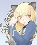  animal_ears bad_id blonde_hair blush cat_ears glasses long_hair military military_uniform open_mouth perrine_h_clostermann rapier sezamyan solo strike_witches sword uniform weapon yellow_eyes 