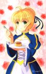  absurdres ahoge blonde_hair bloom dress fate/stay_night fate_(series) flower food green_eyes hair_ribbon highres pudding rheaniu ribbon rose saber signature smile solo spoon 