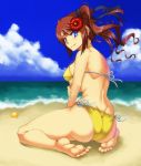  ass back barefoot beach bikini blue_eyes breasts brown_hair cloud colored_eyelashes defiaz_(infinity) dimples_of_venus feet flower hair_flower hair_ornament hair_ribbon holding_arm kuchibashi_(9180) long_hair looking_back ocean original payot ribbon sand side-tie_bikini side_ponytail sideboob sitting sky smile solo swimsuit thighs wariza 