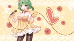  bow dress glasses_on_head gloves green_eyes green_hair gumi highres looking_at_viewer microphone open_mouth pantyhose short_hair smile solo vertical-striped_legwear vertical_stripes vocaloid yayoi_(egoistic_realism) 