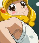  armpits bangs bare_shoulders blonde_hair blunt_bangs blush_stickers brown_eyes bust ceiling flat_chest foreshortening hairband hands_on_hips haruyama kise_yayoi lights looking_at_viewer looking_back precure profile short_hair smile smile_precure! solo 