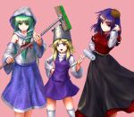 blonde_hair blue_hair broom brush bucket detached_sleeves dress eno_(whiskeyne) green_eyes green_hair hood hoodie kochiya_sanae long_hair long_skirt looking_at_viewer moriya_suwako multiple_girls open_mouth paint_roller pink_background purple_eyes pyonta red_dress red_eyes shirt short_hair simple_background skirt smile thigh-highs thighhighs touhou violet_eyes white_legwear wide_sleeves yasaka_kanako zettai_ryouiki