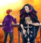  black_eyes black_hair book caster_(fate/zero) command_spell fate/zero fate_(series) kubyou_azami male multiple_boys orange_hair prelati's_spellbook uryuu_ryuunosuke 