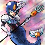  1girl android blue_eyes breasts capcom elbow_gloves gloves helmet jonathan_kim mermaid monster_girl polearm rockman rockman_(classic) rockman_9 solo splash_woman trident weapon 