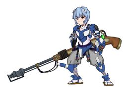  adapted_costume arquebus ayanami_rei blue_hair eva_00 hair_ornament hashibami_arata highres mixed_media neon_genesis_evangelion red_eyes samurai_armor sandals tabi 