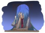  aqua_hair blue_hair facepalm hinanawi_tenshi ichiyan long_hair multicolored_hair necktie short_sleeves solo touhou two-tone_hair very_long_hair 