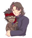  alternate_hairstyle avenger bandana bandanna black_hair brown_eyes brown_hair cross dark_skin fang fate/hollow_ataraxia fate/stay_night fate_(series) full_body_tattoo hachi_(gaoo) hair_bobbles hair_ornament headband hug kotomine_kirei male multiple_boys sweatdrop tattoo yellow_eyes 