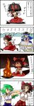  blue_eyes brown_hair comic crosscounter dress face_punching fire green_hair hakurei_reimu highres hinanawi_tenshi kochiya_sanae long_hair multiple_girls open_mouth punching sei63 sweat sweatdrop touhou translated translation_request 