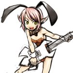  alternate_costume animal_ears bare_shoulders bent_over bunny_ears bunny_girl bunnysuit detached_collar fang guitar instrument kagehito mystia_lorelei no_wings open_mouth pink_hair rabbit_ears rough short_hair simple_background smile solo touhou white_background wrist_cuffs yellow_eyes 