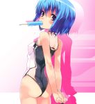  ass blue_eyes blue_hair casual_one-piece_swimsuit cropped dlsite.com duplicate elle_sweet elle_sweets food_in_mouth highres looking_back one-piece_swimsuit popsicle refeia swimsuit 
