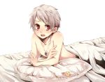  axis_powers_hetalia bed iron_cross jewelry male necklace on_stomach open_mouth prussia_(hetalia) red_eyes shirtless short_hair simple_background solo tobi_(one) topless white_background 
