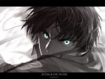  1boy aqua_eyes black_hair eren_jaeger monochrome robinexile shingeki_no_kyojin short_hair 