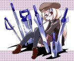  glasses hat kugelschreiber long_hair original pocky red_eyes saw sitting solo sword weapon 