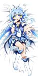  aoki_reika bed_sheet bike_shorts blue_dress blue_eyes blue_hair boots choker cure_beauty dakimakura dress hair_tubes head_wings highres long_hair lying magical_girl on_back outstretched_hand payot precure shorts_under_skirt skirt smile smile_precure! solo tatami_(loop) tiara wrist_cuffs 