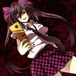  blouse bow cellphone checkered checkered_skirt dutch_angle empty_eyes hat hata-tan heart himekaidou_hatate long_hair necktie phone purple_eyes skirt tokin_hat touhou twintails violet_eyes 