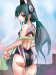  ass black_eyes competition_swimsuit green_hair kaname_(taishi) long_hair looking_back menou_kaname one-piece_swimsuit original solo swimsuit taishi_(artist) towel 
