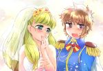  blonde_hair blush brown_hair covering_mouth dress epaulettes jenny_dolittle long_hair looking_away lynn_lambretta miniskirt_pirates multiple_girls mutou_(canaria) mutou_mato open_mouth short_hair simple_background tiara wedding_dress yuri 