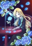  blonde_hair blue_eyes blue_rose chair dress flower glowing holly_(artist) ib long_hair mary_(ib) petals rose sitting solo table 