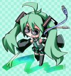  1girl checkered checkered_background detached_sleeves green_hair hatsune_miku kimi_ni_mune_kyun kugelschreiber long_hair looking_at_viewer smile solo sunglasses twintails vocaloid yellow_magic_orchestra 