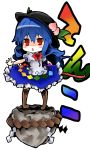 alternate_weapon blue_hair bow chibi food frills fruit hat hinanawi_tenshi keystone koge-owl leaf long_hair long_skirt open_mouth peach red_eyes rock rope short_sleeves skirt solo sword sword_of_hisou touhou translated translation_request very_long_hair weapon wrist_cuffs