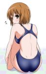  barefoot blush breasts brown_eyes brown_hair checkered checkered_floor competition_swimsuit from_behind hagiwara_yukiho idolmaster looking_back marugoshi_teppei one-piece_swimsuit open_mouth short_hair simple_background sitting solo swimsuit 