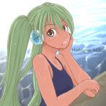  bonoramo character_name chin_rest green_eyes green_hair hand_on_headphones hatsune_miku headphones long_hair looking_at_viewer one-piece_swimsuit solo swimsuit twintails vocaloid wet 