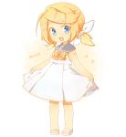  alternate_hairstyle blonde_hair blue_eyes bow dated hair_bow hair_ornament hairclip kagamine_rin kiri_futoshi looking_at_viewer open_mouth short_hair simple_background solo twintails vocaloid 