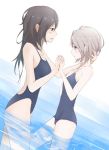  age_difference black_hair blush brown_eyes competition_swimsuit dutch_angle eye_contact gnosis_(ylyk) grey_hair hand_holding holding_hands long_hair multiple_girls one-piece_swimsuit original school_swimsuit short_hair submerged swimsuit yuri 