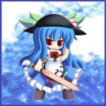  blue_hair blush bow chibi cocozasa food frills fruit hat hinanawi_tenshi leaf long_hair open_mouth peach red_eyes short_sleeves solo sword sword_of_hisou touhou very_long_hair weapon 