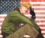  a_k_i america america_(hetalia) american_flag axis_powers_hetalia blonde_hair blue_eyes bomber_jacket candy flag glasses gloves lips lollipop male military military_uniform realistic solo uniform 