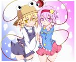  blonde_hair hairband hand_holding hat holding_hands komeiji_satori moriya_suwako multiple_girls pink_eyes pink_hair rou_neko_(bbaaa333) short_hair smile thigh-highs thighhighs third_eye touhou white_legwear yellow_eyes zettai_ryouiki 