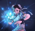  aian black_hair blue bracelet brown_hair capcom chinese_clothes chun-li double_bun gif_artifacts glowing jewelry open_mouth pantyhose puffy_sleeves short_sleeves solo spiked_bracelet spikes street_fighter 
