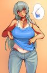  adjusting_clothes adult blush breasts cross-section curvy flying_sweatdrops jewelry large_breasts long_hair navel necklace open_mouth red_eyes rozen_maiden rozenweapon shirt_tug silver_hair solo suigintou tan tank_top tanline wide_hips x-ray 
