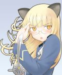  animal_ears bad_id blonde_hair blush cat_ears glasses long_hair military military_uniform open_mouth perrine_h_clostermann rapier revision sezamyan solo strike_witches sword uniform weapon yellow_eyes 