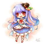 adapted_costume alternate_hairstyle blue_hair blush bow chibi clown_222 food fruit gloves hat hinanawi_tenshi leaf long_hair open_mouth peach red_eyes side_ponytail simple_background solo touhou very_long_hair