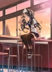  adjusting_hair black_legwear brown_eyes brown_hair ghost highres koba lens_flare long_hair looking_at_viewer original school_desk school_uniform serafuku sitting sitting_on_desk skirt solo sunset thigh-highs thighhighs triangular_headpiece uwabaki zettai_ryouiki 