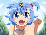  :d alternate_hairstyle bee blue_eyes blue_hair blush_stickers child cirno down_blouse grass hair_bobbles hair_ornament ice ice_wings open_mouth panties shirosato side_ponytail smile solo striped striped_panties touhou underwear wings 