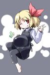  :p :q barefoot blonde_hair hair_ribbon kugelschreiber leggings overalls pinky_out pregnant red_eyes ribbon rumia short_hair smile solo tongue touhou v wink 
