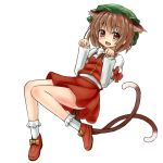  animal_ears armband arms_up bobby_socks bow brown_eyes brown_hair cat_ears cat_tail chen fang full_body hat high_collar jd_(112731258) jd_(bibirijd) leaning long_sleeves looking_at_viewer multiple_tails open_mouth paw_pose shoes short_hair simple_background skirt smile socks solo tail touhou vest white_background 