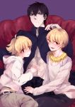  adult ahoge bad_id black_eyes black_hair blonde_hair blush child child_gilgamesh dual_persona fang fate/zero fate_(series) gilgamesh jewelry kotomine_kirei male multiple_boys necklace picoteku red_eyes young 