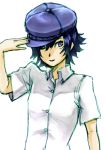  blue_hair bust buttons cabbie_hat garutaisa hair_over_one_eye hand_on_hat hat open_collar persona persona_4 purple_eyes shirogane_naoto simple_background sketch solo violet_eyes 