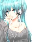  aqua_eyes aqua_hair bare_shoulders bust collarbone fukina hatsune_miku headphones long_hair looking_at_viewer open_mouth portrait simple_background smile solo sweater twintails vocaloid 